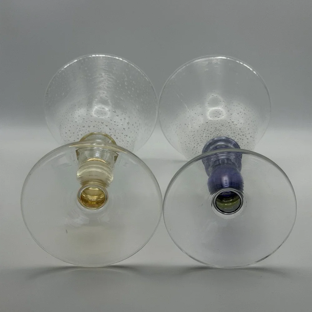 2 Pottery Barn Hand Blown Wine Glasses Water‎ Goblets Bubble Violet Blue Yellow